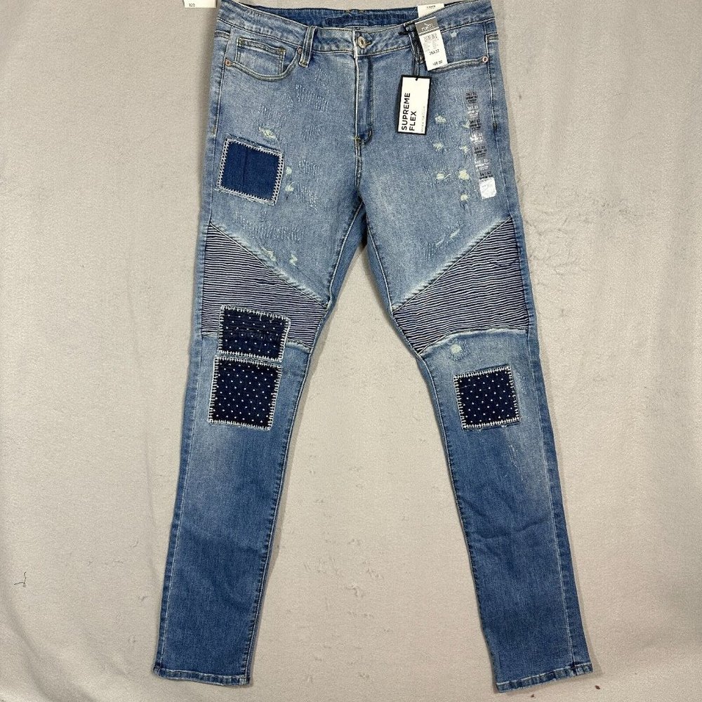 Rue21 Premium Stacked Skinny Jeans Mens 36x32 Supreme Flex Blue Denim Retro Patc